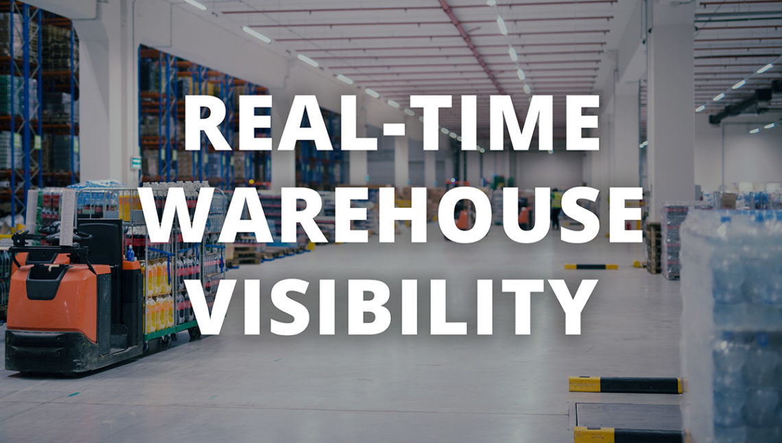 Warehouse with dark overlay over it and text that reads "real-time warehouse visibility"