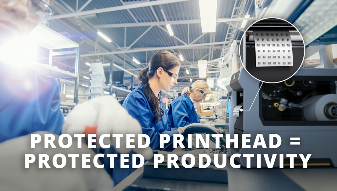 Female Electronics Factory Worker in Blue Work Coat and Protective Glasses is Assembling Laptop's Motherboard with a Screwdriver. High Tech Factory Facility with Multiple Employees. Overlay text says "protected printhead = protected productivity.