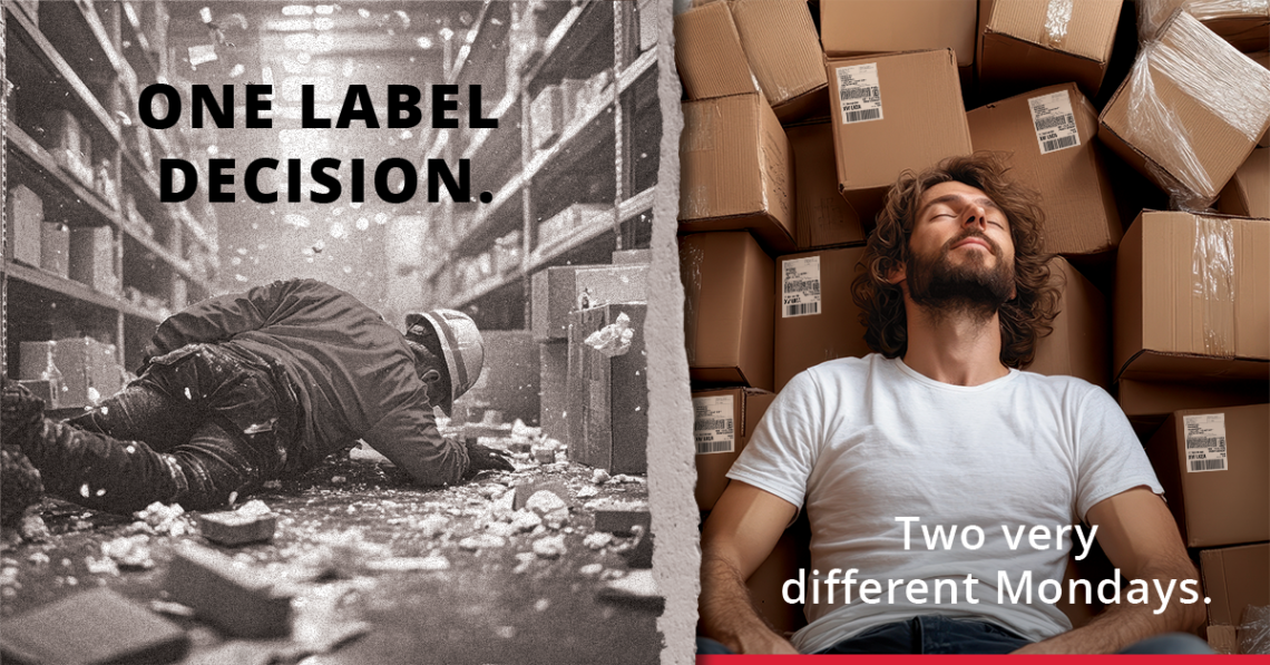 Split-image showing the consequences of cutting costs on barcode labels and ribbons. Left side: a warehouse worker on the ground amid chaos, symbolizing label failure and operational breakdown. Right side: a relaxed man leaning against neatly stacked boxes with crisp Zebra barcode labels, representing smooth operations using certified supplies. Caption reads: "One label decision. Two very different Mondays."