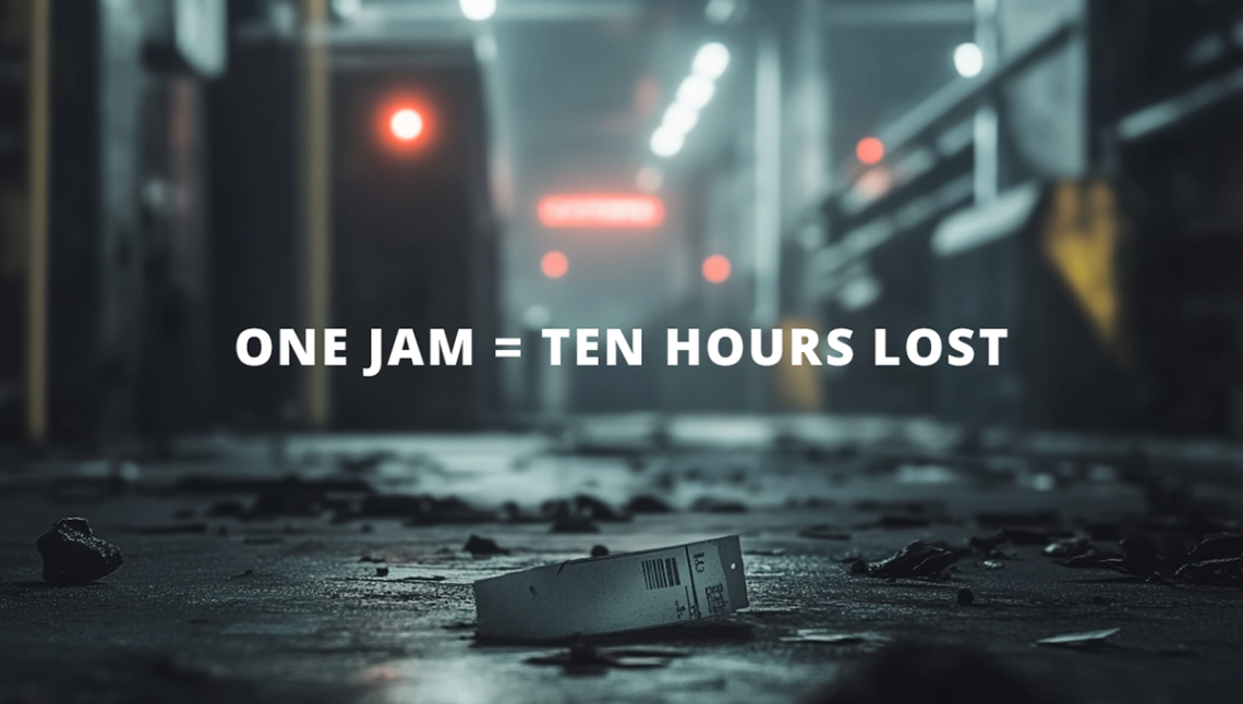 Close-up of a torn barcode label lying on the floor of a dimly lit, abandoned warehouse aisle. The background is blurred with harsh overhead lighting and glowing red warning lights. Bold white text in the center reads: “ONE JAM = TEN HOURS LOST.” The scene conveys urgency and the high cost of equipment failure during peak warehouse operations.