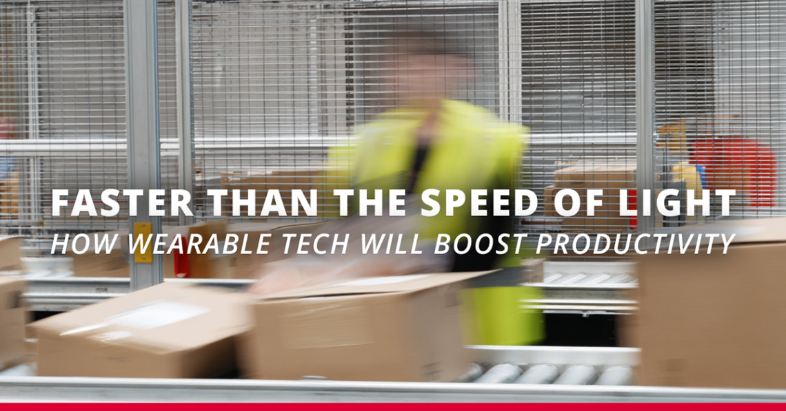 Warehouse worker using wearable technology and moving so fast that the camera can't track them.